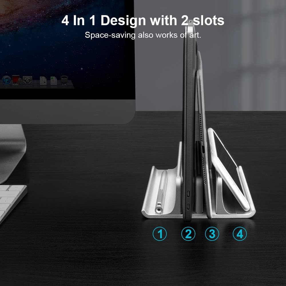 VAYDEER Double-Slot Adjustable Vertical Laptop Stand Newly Designed 2 Slot Aluminum Desktop Holder for All MacBook/Chromebook/Surface/Dell/iPad Up to 17.3 Inches - Silver