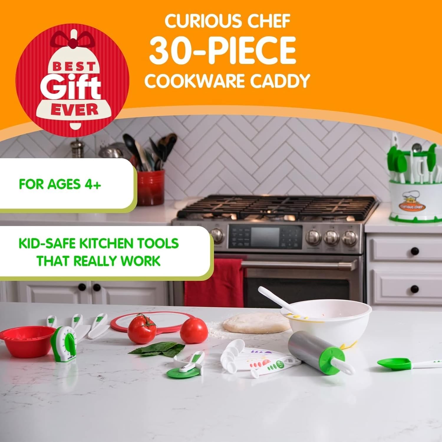 Curious Chef 30-Piece Caddy Collection Cookware, White/Green