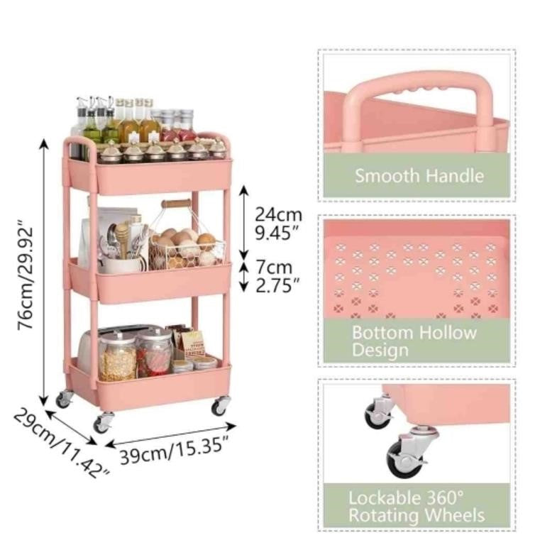 Sywhitta 3-Tier Plastic Rolling Utility Cart