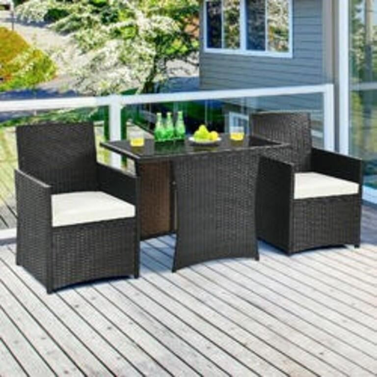 Costway 3PCS Patio Rattan Furniture Set Cushion Sofa Armrest Garden Deck Gray