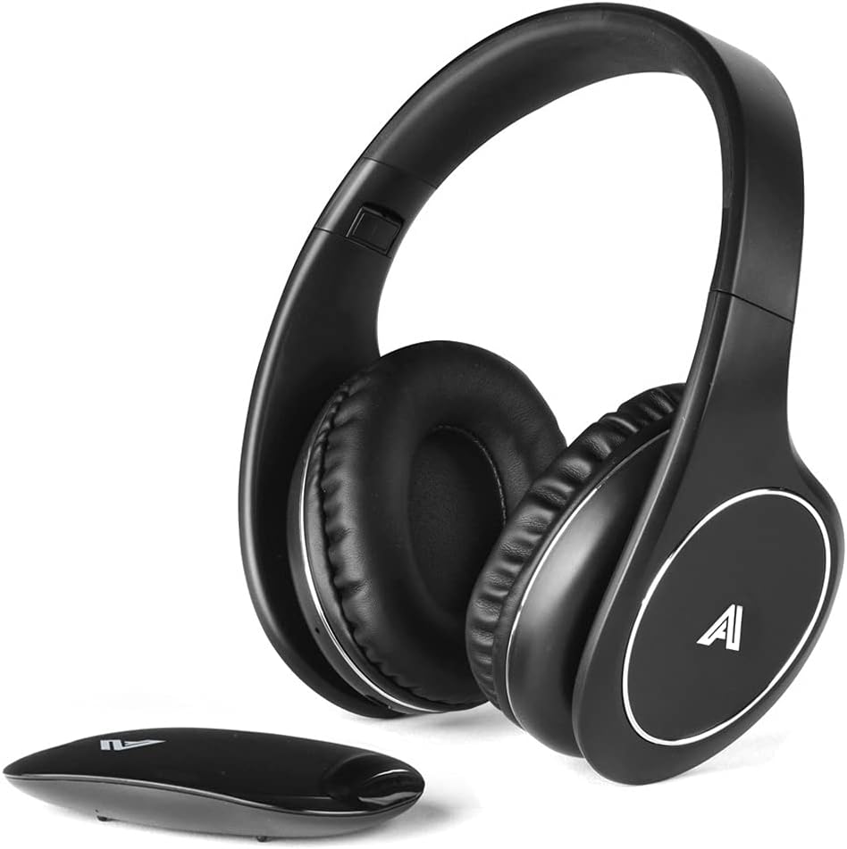 Wireless Headphones for TV Watching, Folding Over Ear Headphones with 2.4GHz RF Transmitter Support Optical RCA AUX, No Audio Delay, 100ft Wireless Range (Black)