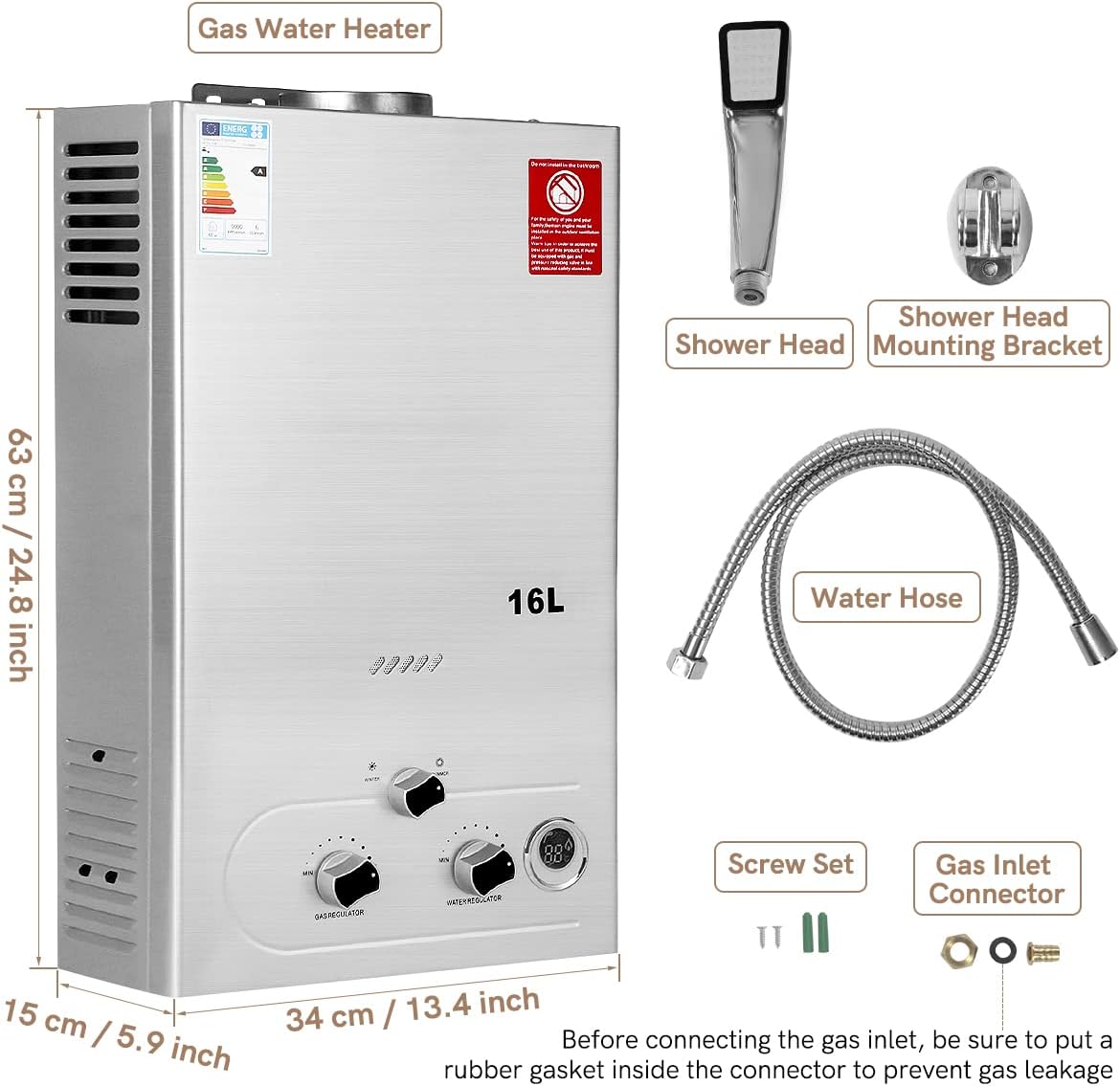 BreeRainz 16L Gas Instantaneous Water Heater with Shower Head