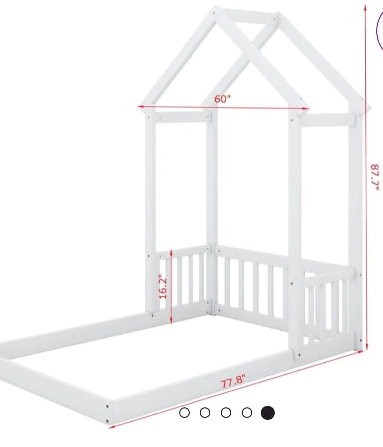 Twin House-shaped Roof Headboard Floor Bed without slats - White