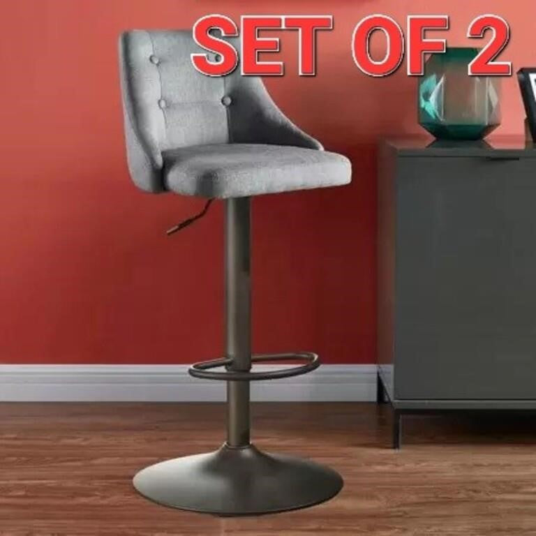 Set of 2, Adjustable Height Button Tufted Fabric Bar Stool