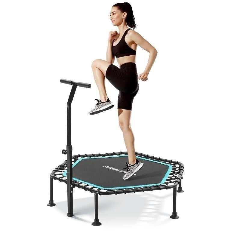 MaxKare 50" Mini Hexagon Trampoline with Adjustable Handle Bar Fitness Trampoline Bungee Rebounder Jumping Cardio Trainer Workout for Adults or Kids, Model (FT-CS48), Blue