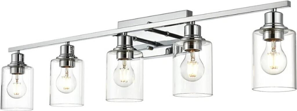 VINLUZ 5 Light Bathroom Lighting Fixture in Chrome Finish,Contemporary Indoor Wall Lights with Clear Cylinder Glass Shade