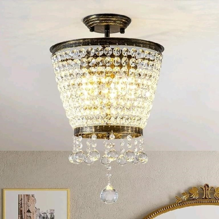 Black Gold Chandelier Crystal Ceiling Light Fixture Vintage Flush Mount 5-Light 14.5