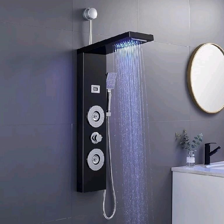 ROVOGO Retrofit Shower Panel with LED Lights, Rain Shower, 2 Body Jets, Handheld and Temperature Display, Black