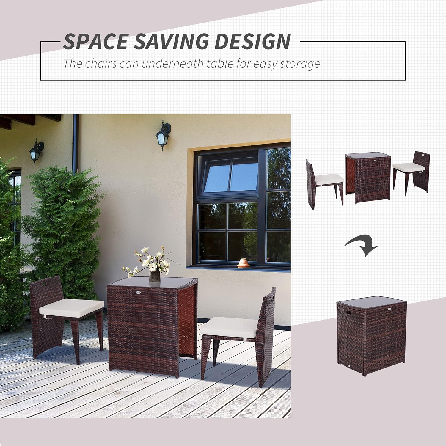 Outsunny 3 Pieces Outdoor Dining Set Wicker Bistro Set Rattan Furniture Patio Chair and Table Set Garden Lawn Coffee Sofa with Cushion