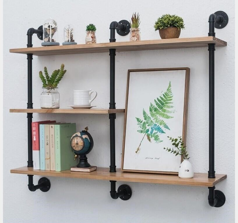 Industrial Pipe Shelf with Wood. 3-Tiers,Metal Hung Bracket.