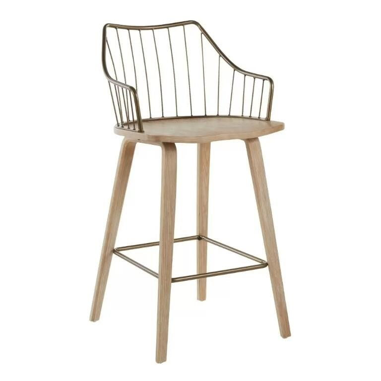 Lumisource Winston 37" Counter Stool in White Washed Wood and Antique Copper