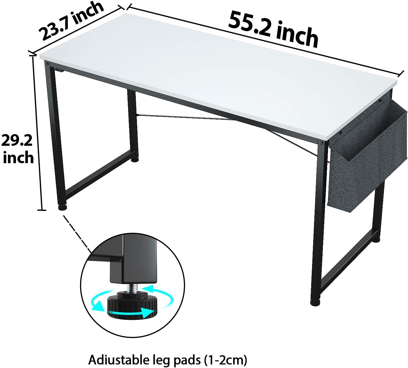 Foxemart 55" Computer Desk Modern Sturdy Office Desk 55 Inch Writing Study Desk Simple PC Laptop Notebook Table with Storage Bag and Iron Hook for Home Office Workstation, White