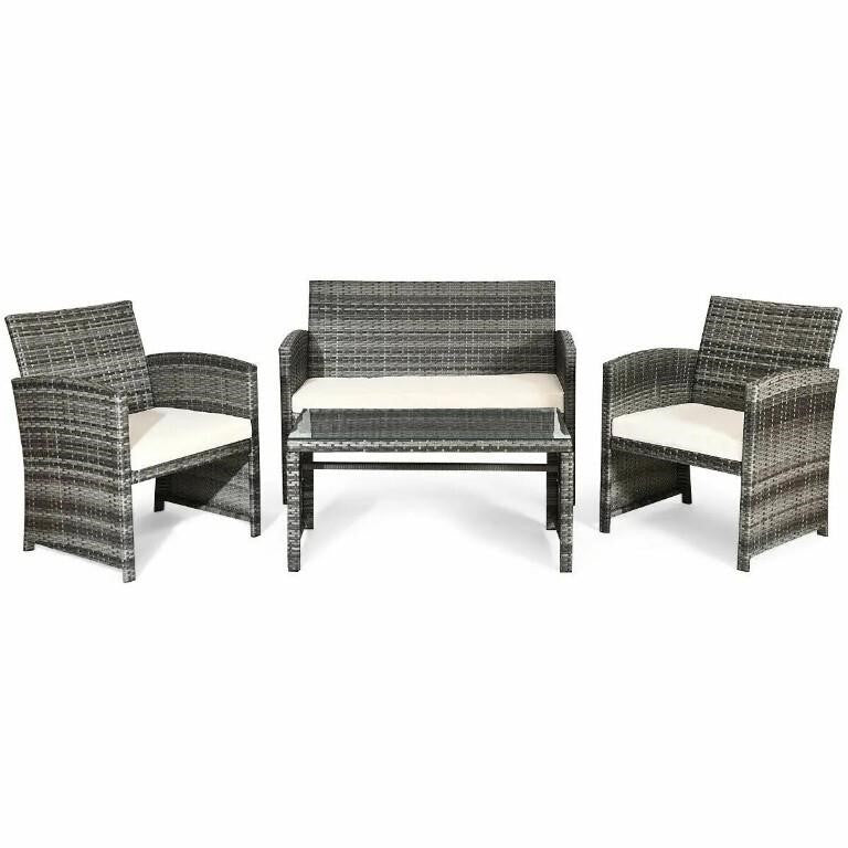 Costway Patio Rattan Furniture Set Conversation Glass Table Top Cushioned Sofa, White