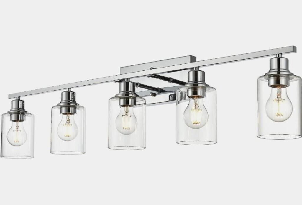 VINLUZ 5 Light Bathroom Fixture in Chrome Finish and Clear Cylinder Glass Shade. 40.16"L