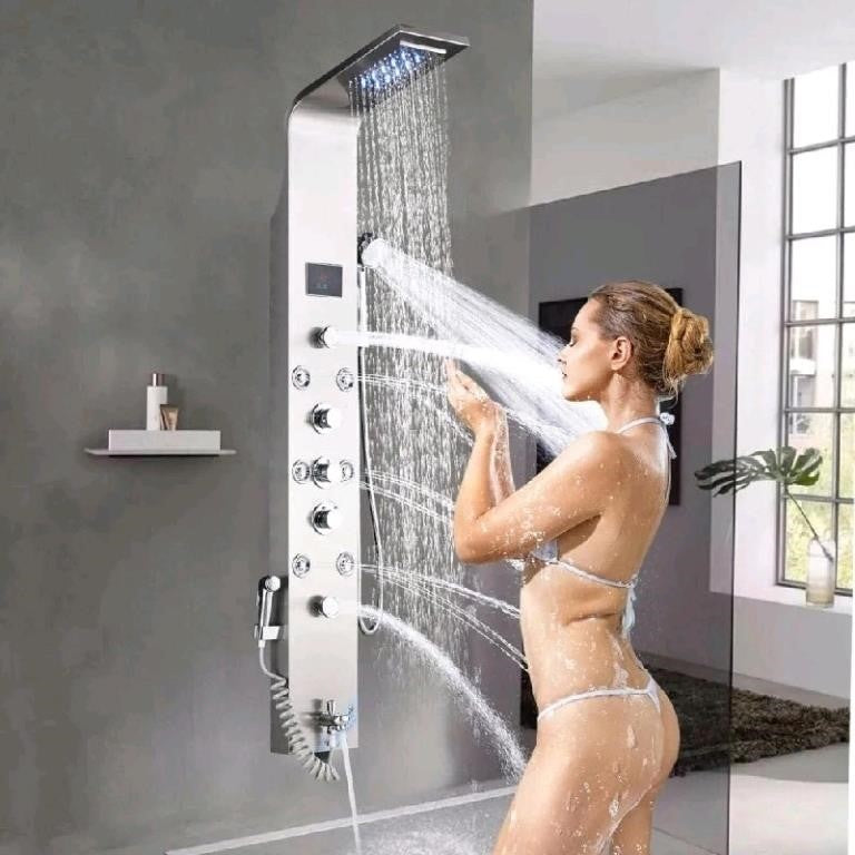 Shower Panel Tower System Stainless Steel LED Rainproof and Waterfall Massage Body Jets.45 in height.