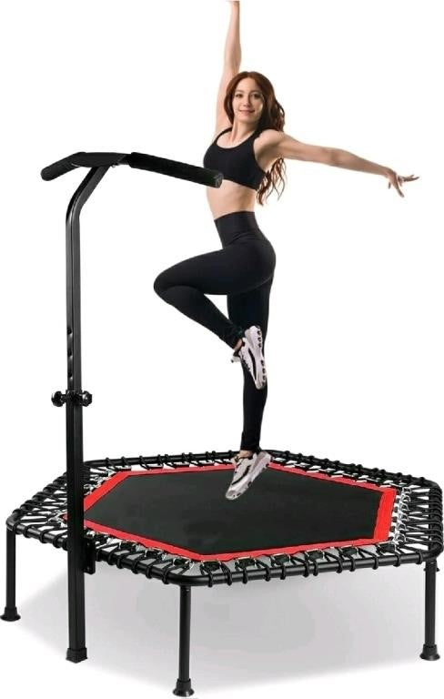 Mini Fitness Trampoline with Adjustable Handle, Max Load 330lbs, Red, 50"Dia x 11"H -