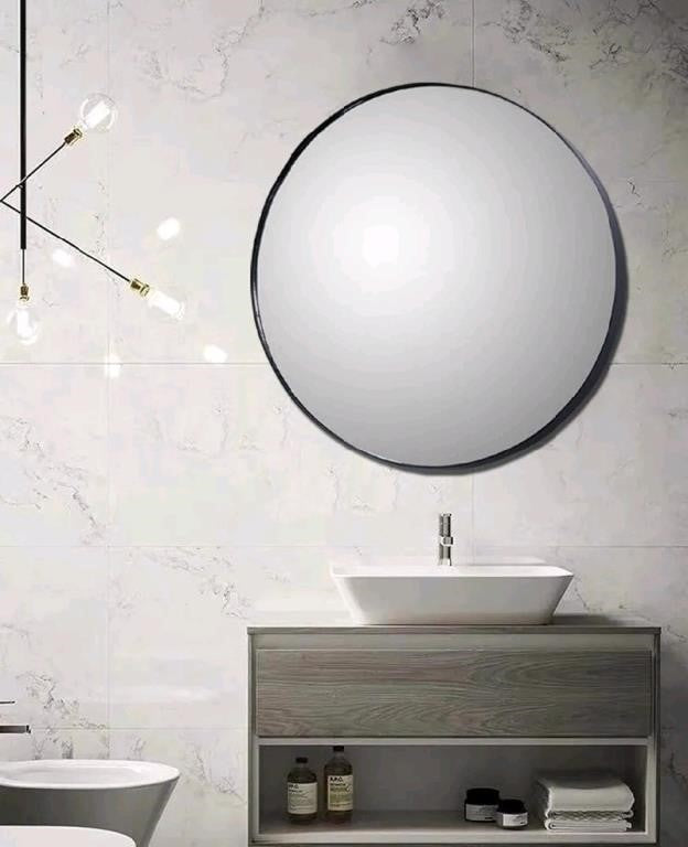 Simmer Stone 31.5" Wall Mount Round Mirror, Black