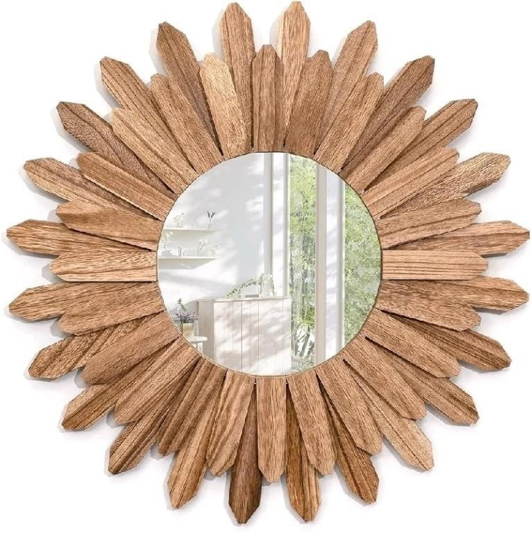 Miratino Large Wall Mirror Decorative 21 inch Rustic Wood Farmhouse Mirror Sunburst, Torched wood