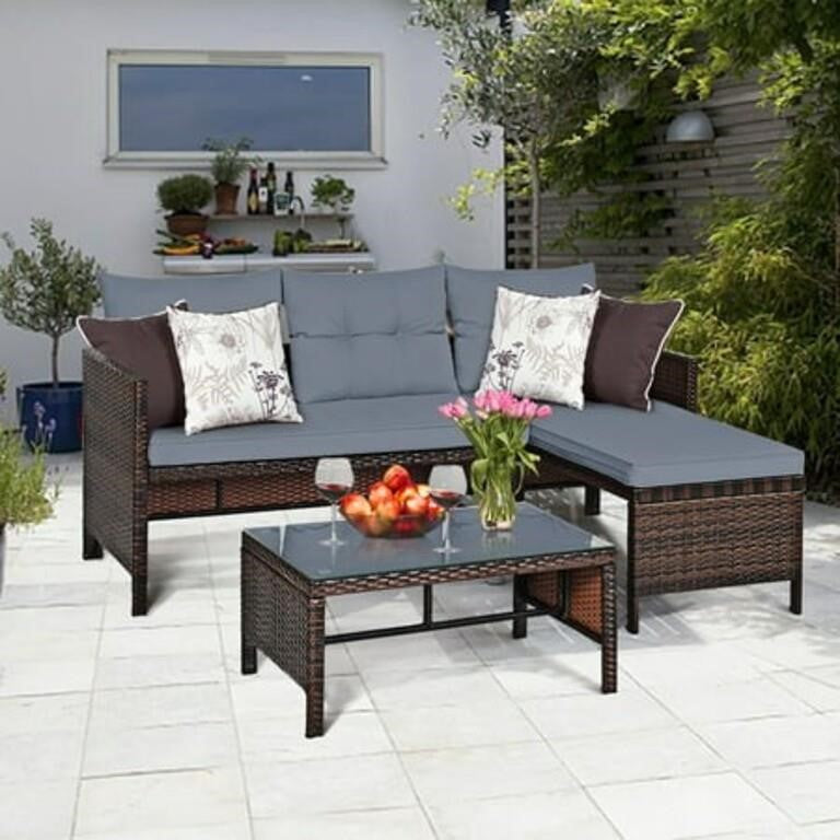 Costway 3PCS Patio Wicker Rattan Sofa Set Outdoor Sectional Conversation Set Lawn Garden, HW63870GR