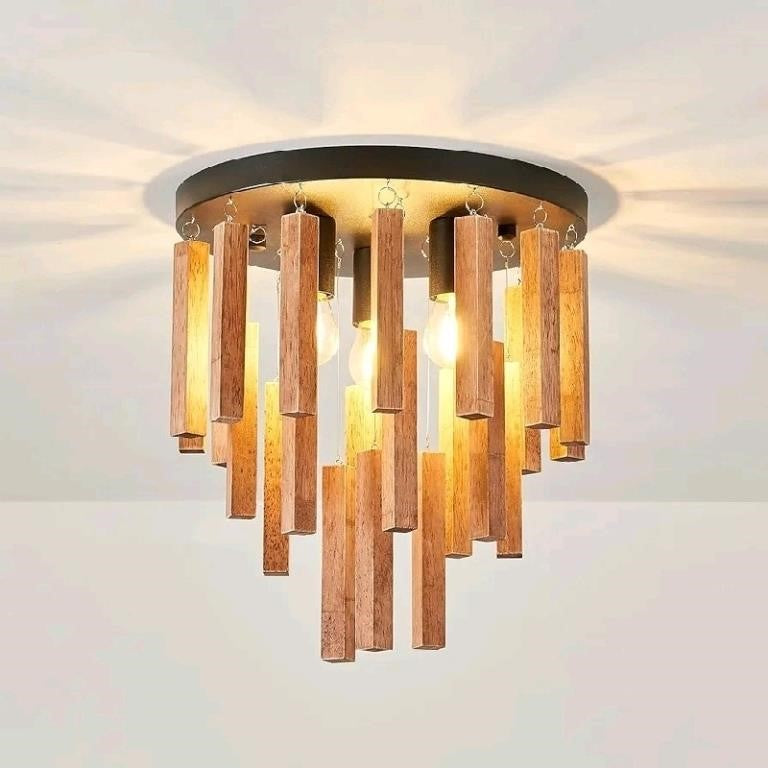 MOUJOE 3-Light Semi Flush Mount Ceiling Lights Boho Wood Light Fixture Farmhouse Chandelier Oak and Black