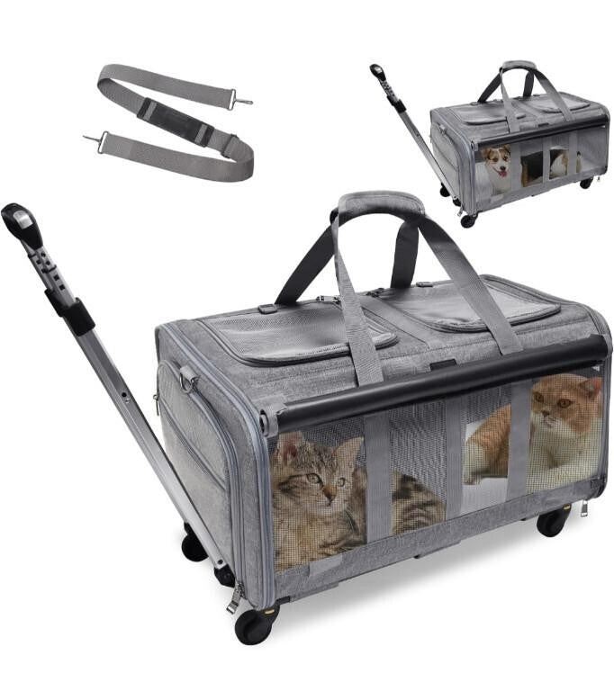 GJEASE Double-Compartment Pet Rolling Carrier with