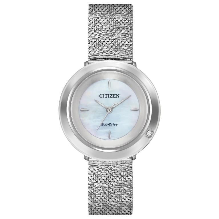 W35 Citizen Eco-Drive round stainless steel case and mesh bracelet, white mother-of-pearl dial, 1 diamond on case, moon glazed SC, 32mm case, WR50, sliding clasp. LADIES