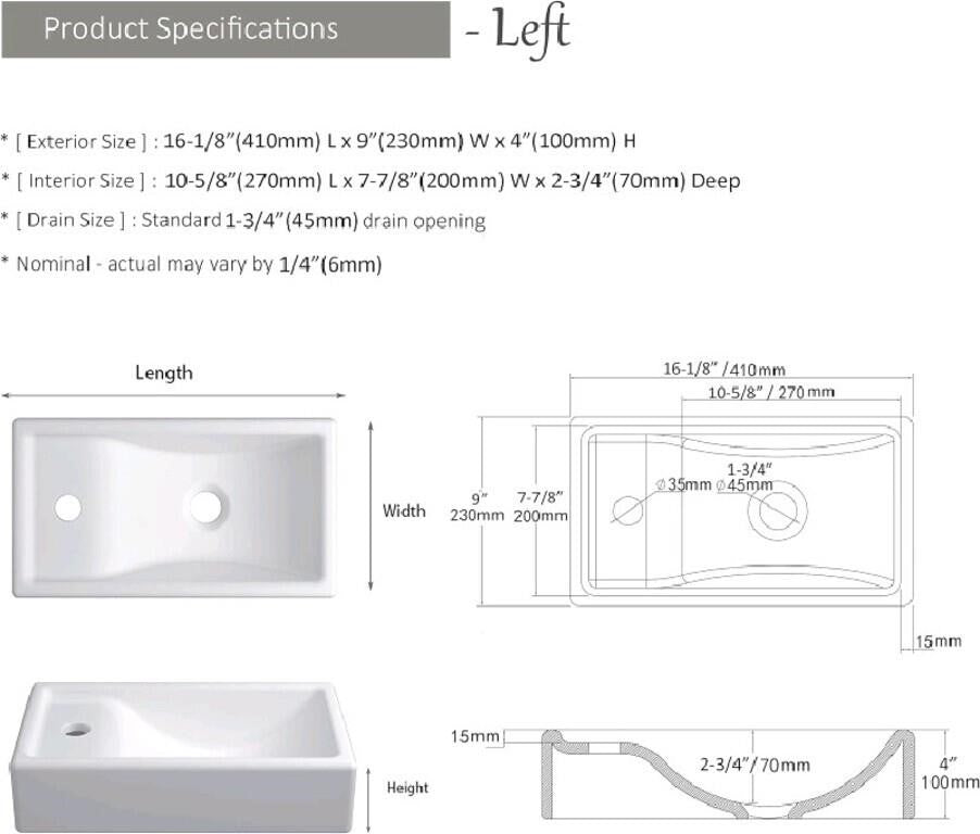 MEJE 16-Inch Bathroom Corner Wall Hung Basin Sink.