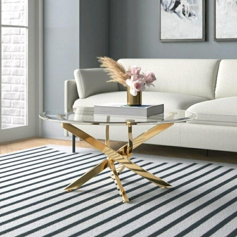 Glass Coffee Table with Metal Legs, Oval