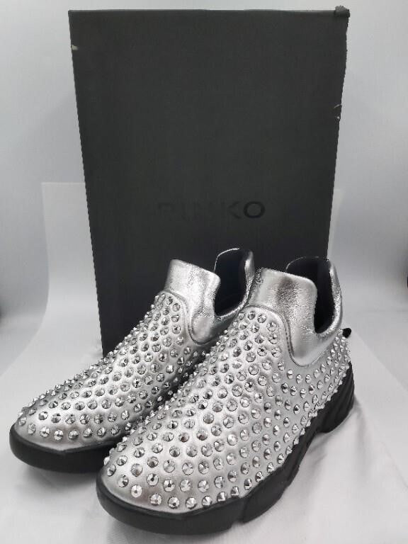 Pinko, Womens Gem 6 Sneakers Lamina Stretch+Strass